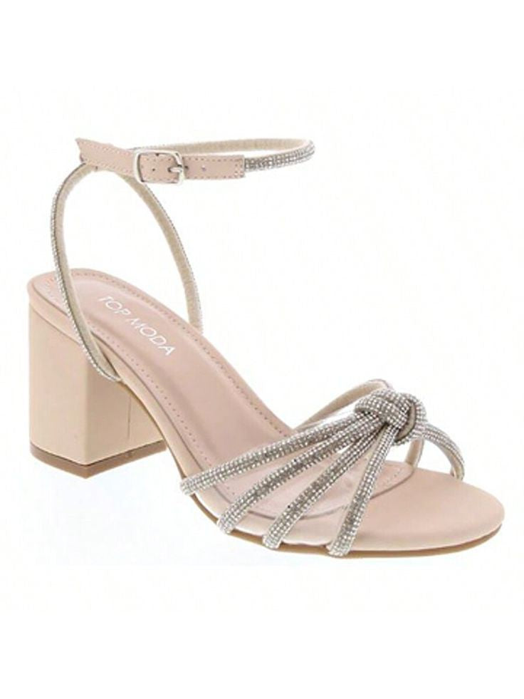 Women's Black/Silver/Cream Block Heels: Knotted Rhinestone Ankle Strap Sandals
