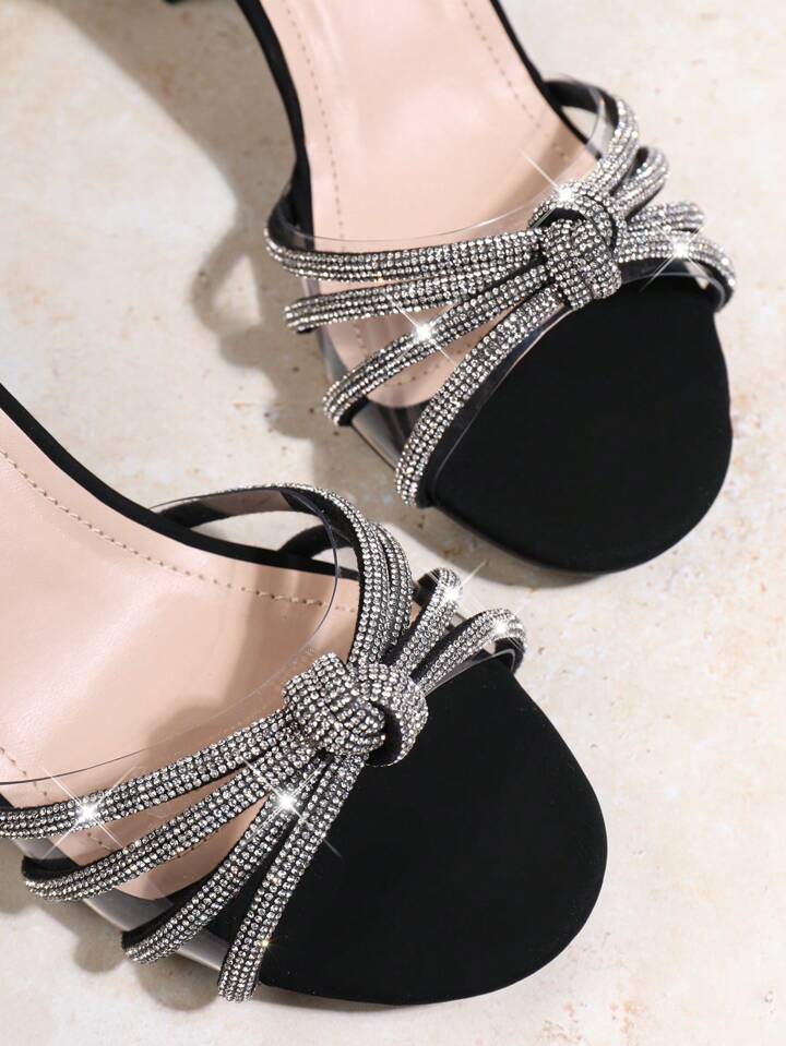 Women's Black/Silver/Cream Block Heels: Knotted Rhinestone Ankle Strap Sandals