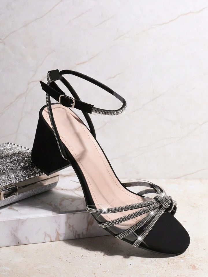 Women's Black/Silver/Cream Block Heels: Knotted Rhinestone Ankle Strap Sandals