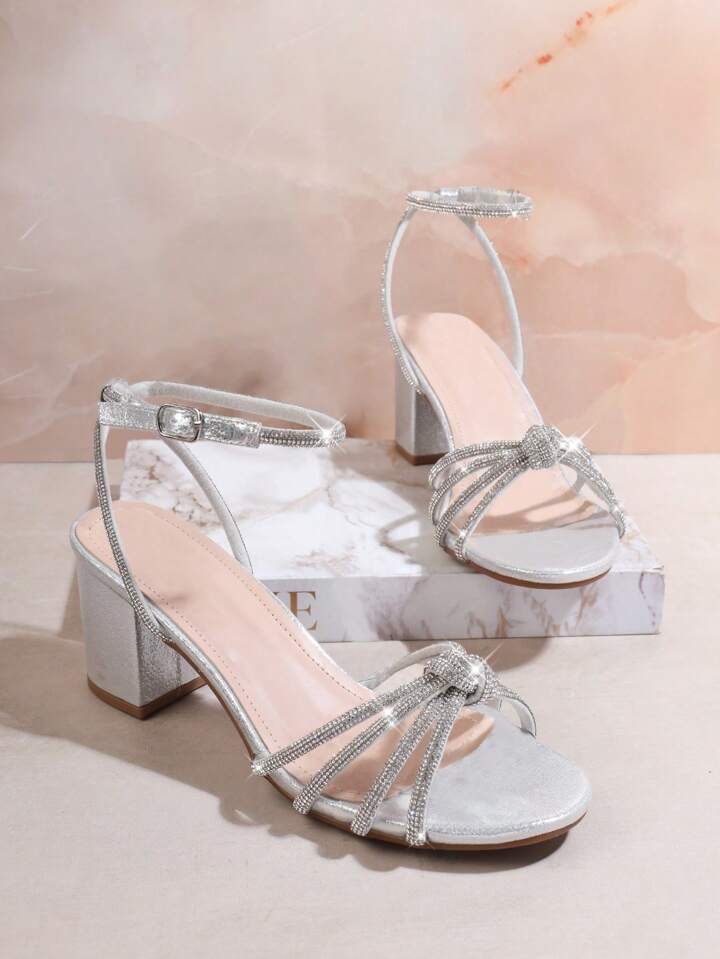 Women's Black/Silver/Cream Block Heels: Knotted Rhinestone Ankle Strap Sandals