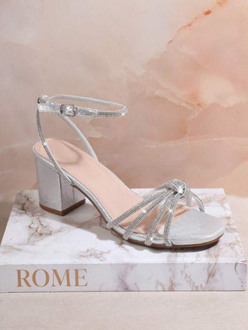 Women's Black/Silver/Cream Block Heels: Knotted Rhinestone Ankle Strap Sandals