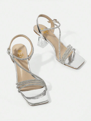 Women's Silver Party Heels: Sparkling Straps