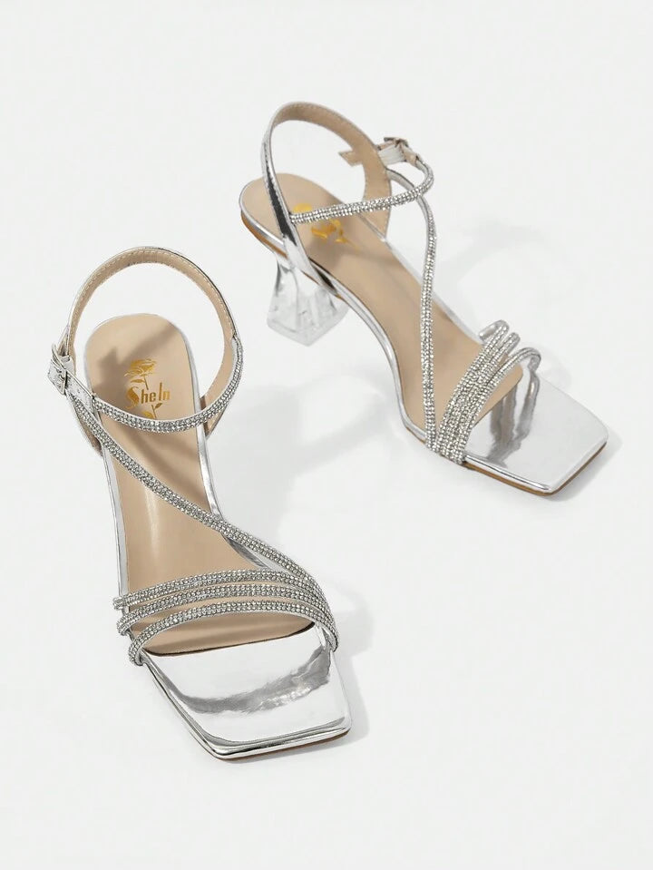 Women's Silver Party Heels: Sparkling Straps