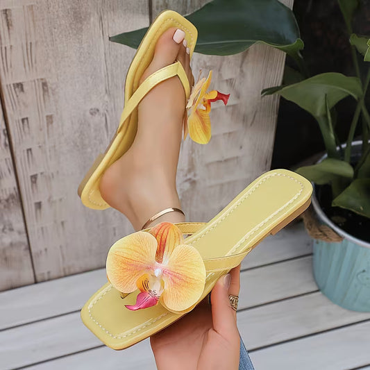 Fashion Solid Color Pink White Comfortable Vacation Style Flat Sandals with Flower Decoration, Open Toe, Artificial Upper and Rubber Sole, Perfect for Casual Summer Wear, Indoor and Outdoor Use, Women Shoes