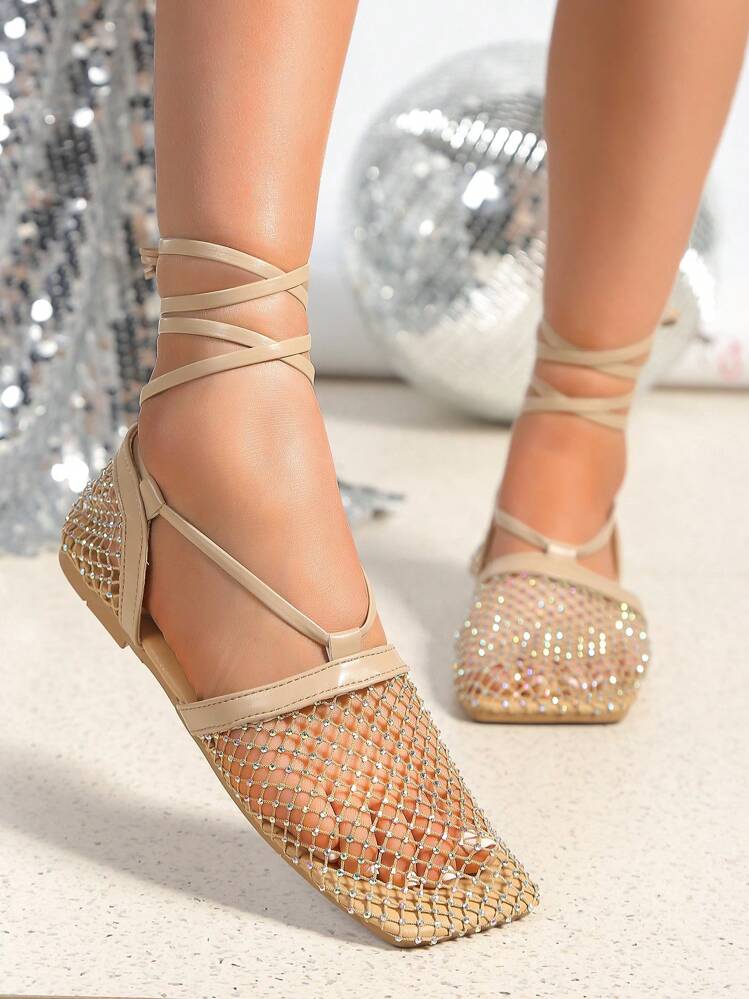 Women Luxury Rhinestone Mesh Flats – Elegant Pointed Toe Ankle Strap Sandals for Party & Wedding Wear