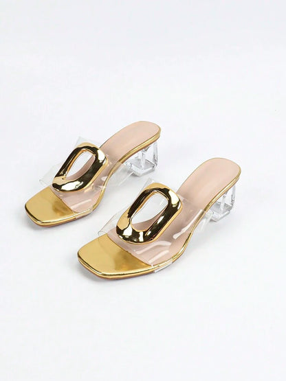 Gold Transparent Block Heel Mules - Luxury Statement Heels