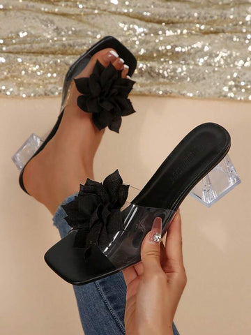 Women's Black Flower Heeled Sandals with Transparent Strap & Lucite Block Heel