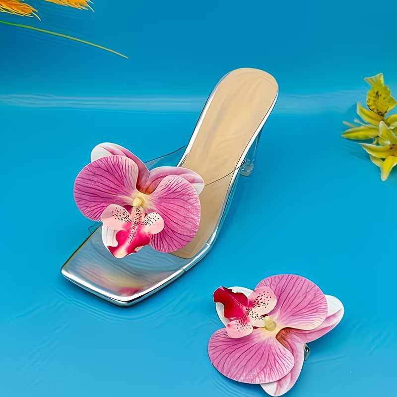 Women's Floral Orchid Transparent Block Heels | White, Pink & Sky Blue