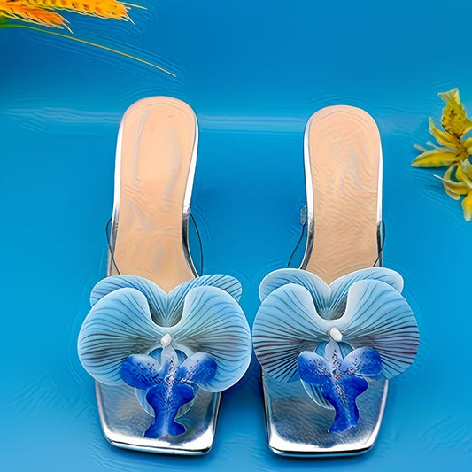 Women's Floral Orchid Transparent Block Heels | White, Pink & Sky Blue