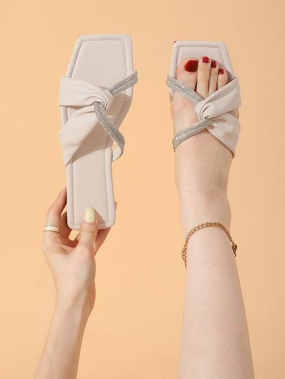 Rhinestone Sandals | Elegant Square Toe Sliders with Crystal Embellishments
