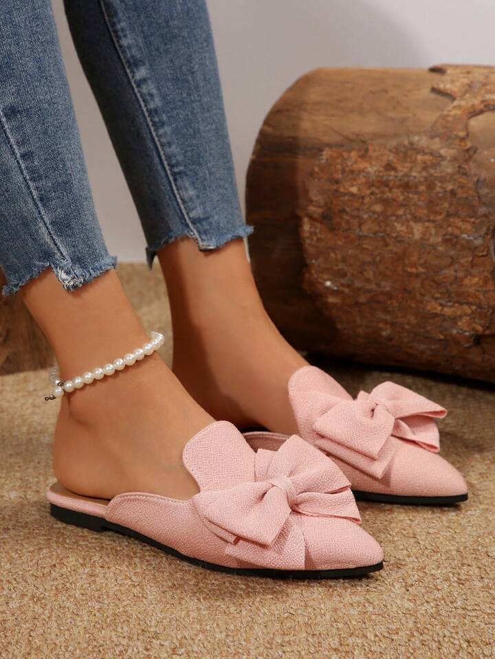 Elegant Bow Pointed Toe Mules - Non-Slip Flat Shoes | Black, Maroon, Khaki, Green