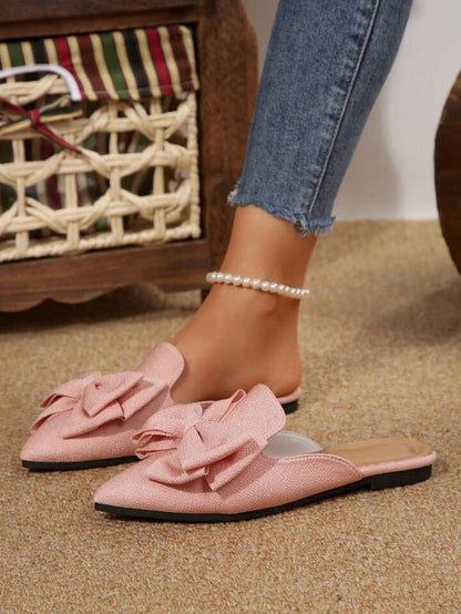 Elegant Bow Pointed Toe Mules - Non-Slip Flat Shoes | Black, Maroon, Khaki, Green