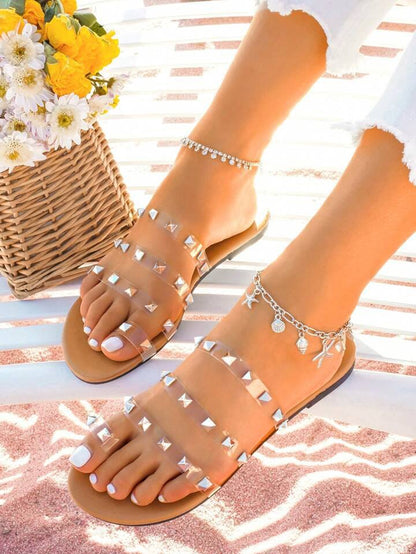 Studded Flat Sandals - Beige | Premium Pyramid Stud Sliders