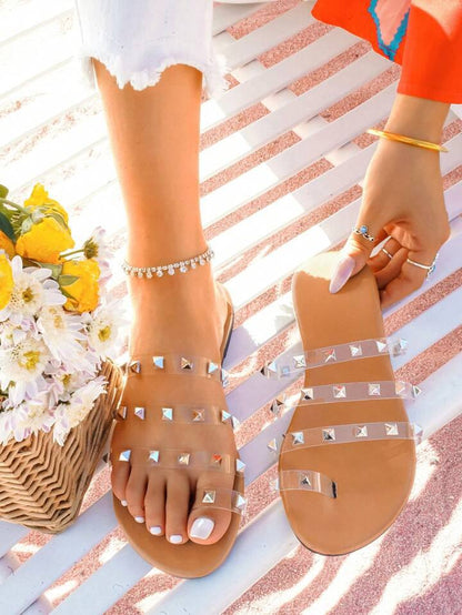 Studded Flat Sandals - Beige | Premium Pyramid Stud Sliders