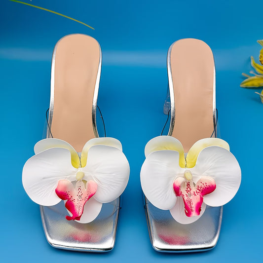 Women's Floral Orchid Transparent Block Heels | White, Pink & Sky Blue