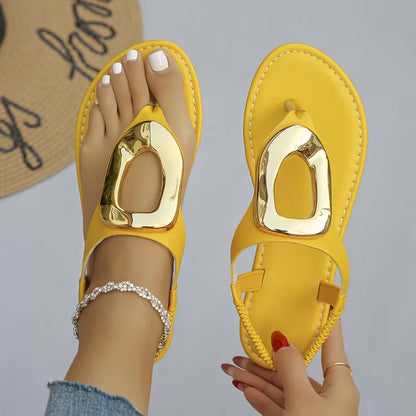 Premium Gold Buckle T-Strap Sandals - Women's Flat Sandals