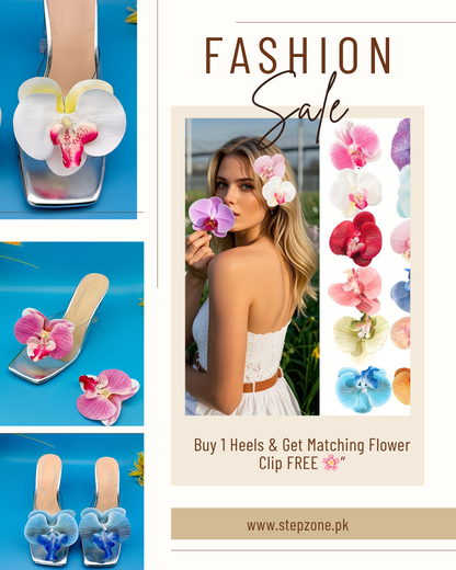 Floral Orchid Heels with FREE Flower Clip – White | Sky Blue | Pink (Sizes 37–41)