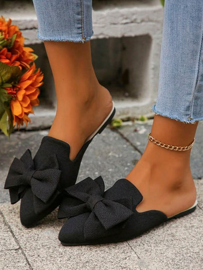 Elegant Bow Pointed Toe Mules - Non-Slip Flat Shoes | Black, Maroon, Khaki, Green
