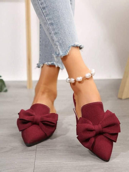 Elegant Bow Pointed Toe Mules - Non-Slip Flat Shoes | Black, Maroon, Khaki, Green
