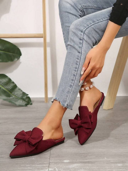 Elegant Bow Pointed Toe Mules - Non-Slip Flat Shoes | Black, Maroon, Khaki, Green