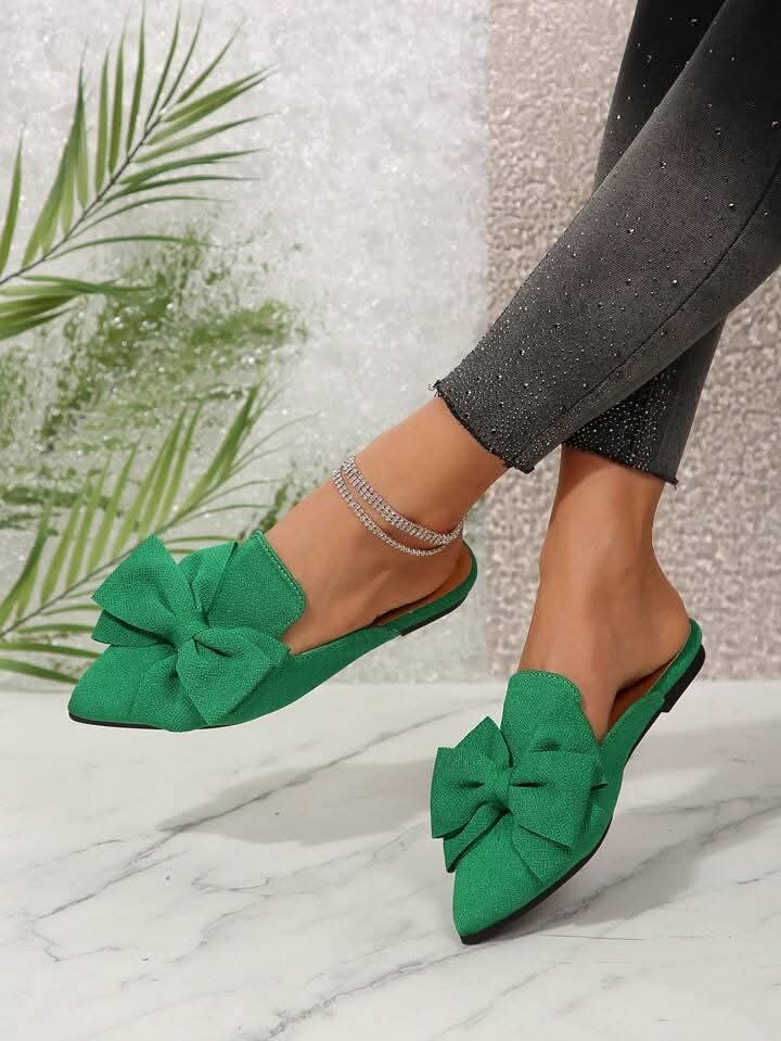 Elegant Bow Pointed Toe Mules - Non-Slip Flat Shoes | Black, Maroon, Khaki, Green