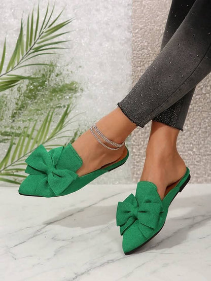 Elegant Bow Pointed Toe Mules - Non-Slip Flat Shoes | Black, Maroon, Khaki, Green