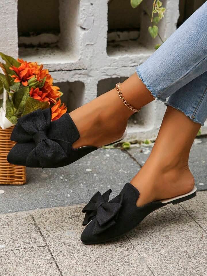 Elegant Bow Pointed Toe Mules - Non-Slip Flat Shoes | Black, Maroon, Khaki, Green