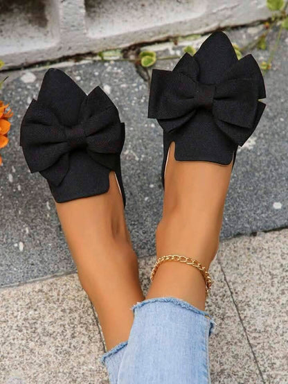 Elegant Bow Pointed Toe Mules - Non-Slip Flat Shoes | Black, Maroon, Khaki, Green