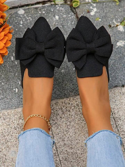 Elegant Bow Pointed Toe Mules - Non-Slip Flat Shoes | Black, Maroon, Khaki, Green