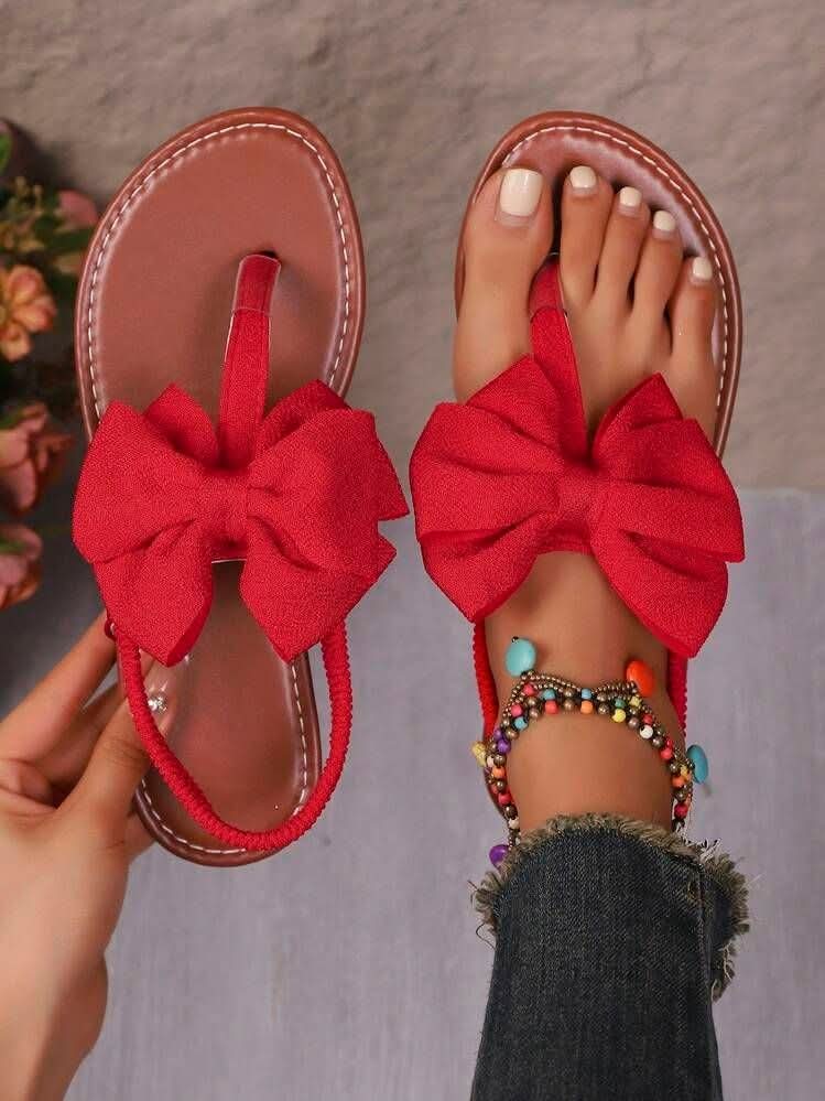 Women's Elegant Bow Sandals - Comfortable Flat Thong Sandals | Red & Beige | Size 37-41"