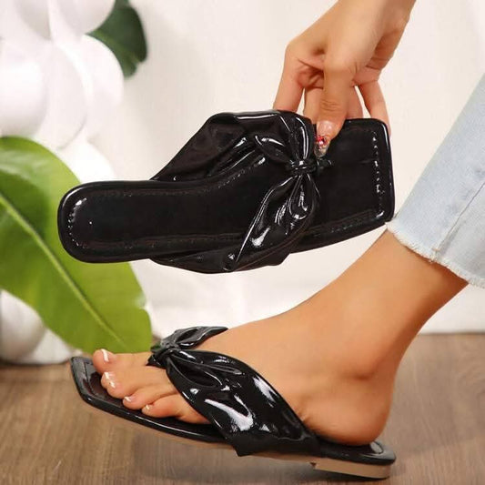 Women's Metallic Bow Sandals - Glossy Flat Thong Sandals | Gold, Black, Silver | Size 37-41"