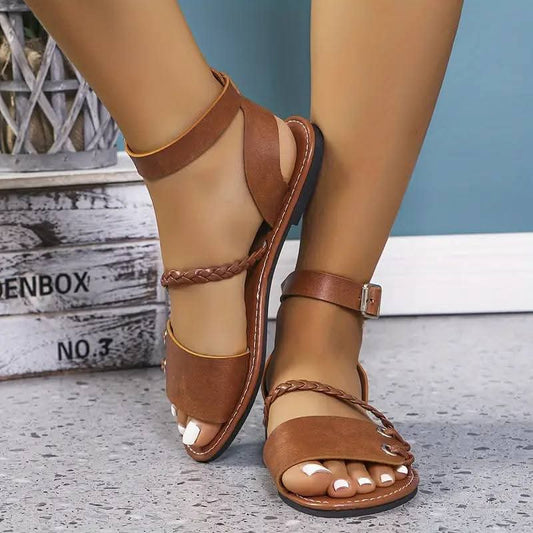 Buckle Ankle Strap Sandals - Classic Flat Sandals with Gold Hardware for Women