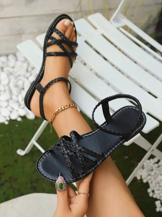 Braided Leather Sandals - Comfortable Strappy Flat Sandals for Women