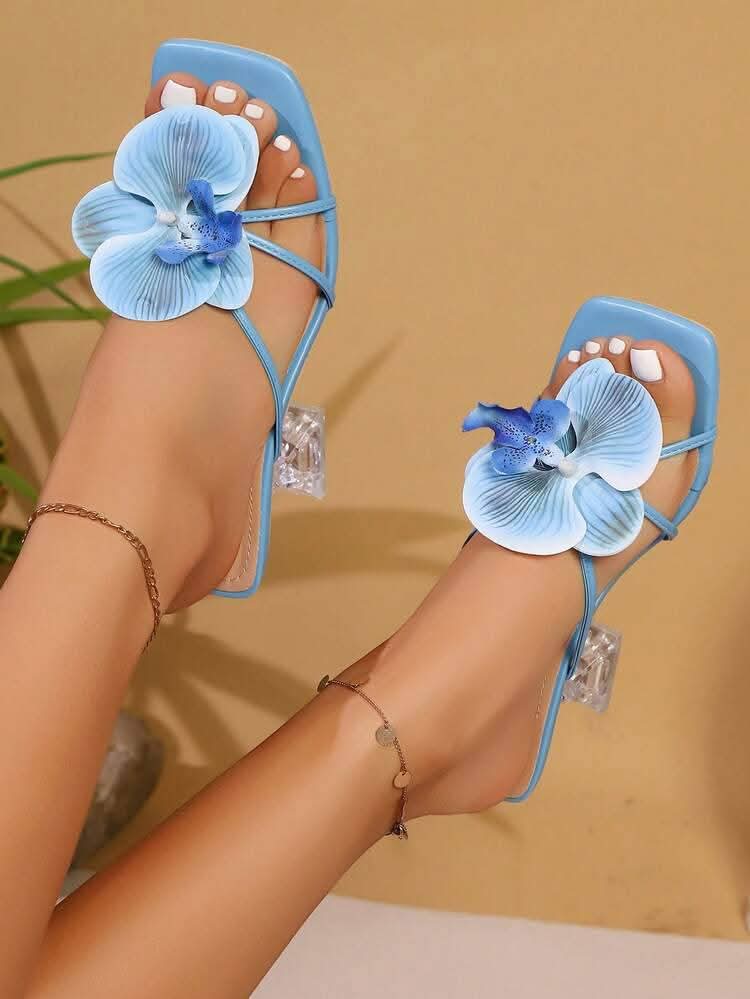 Floral Embellished Transperent Block Heel Sandals for women