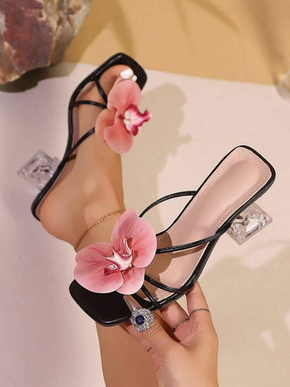 Floral Embellished Transperent Block Heel Sandals for women