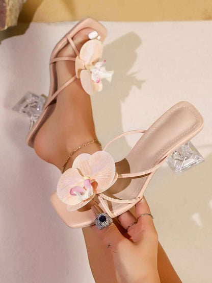 Floral Embellished Transperent Block Heel Sandals for women