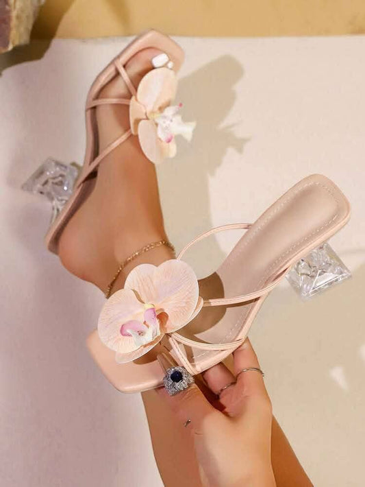 Floral Embellished Transperent Block Heel Sandals for women