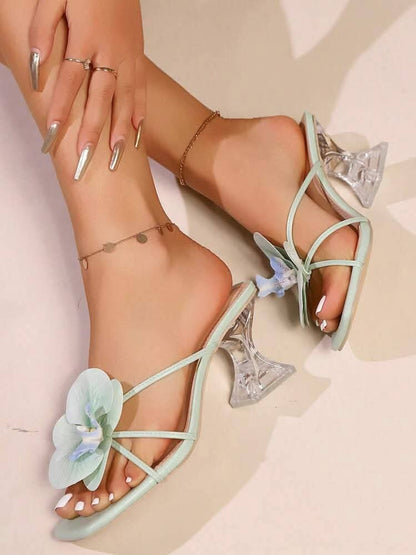 Floral Embellished Transperent Block Heel Sandals for women