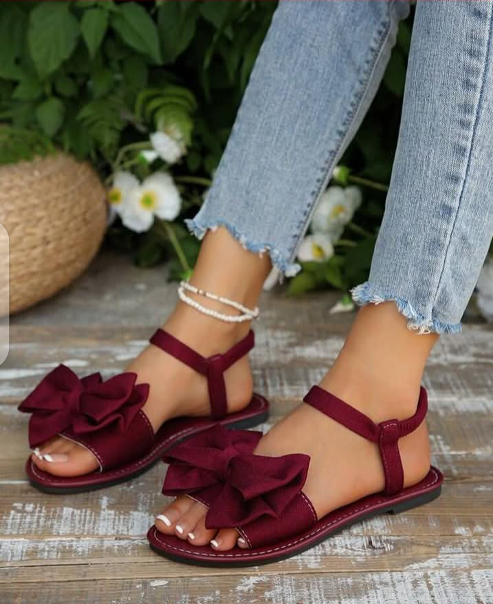 Women's Elegant Black Bow Sandals - Stylish Ankle Strap Flat Sandals