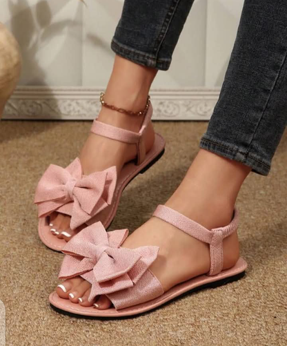 Women's Elegant Black Bow Sandals - Stylish Ankle Strap Flat Sandals