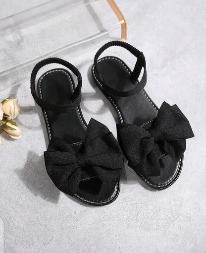 Women's Elegant Black Bow Sandals - Stylish Ankle Strap Flat Sandals