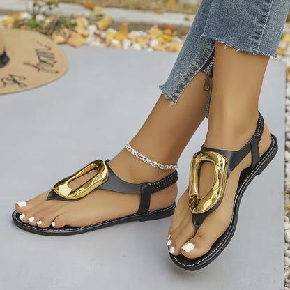 Premium Gold Buckle T-Strap Sandals - Women's Flat Sandals
