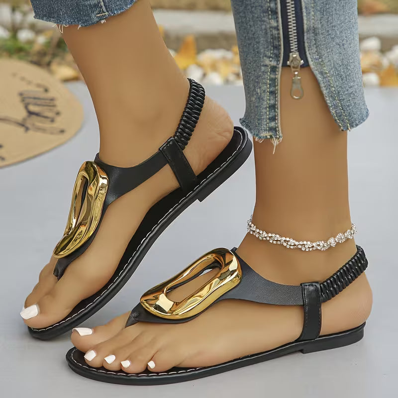 Premium Gold Buckle T-Strap Sandals - Women's Flat Sandals