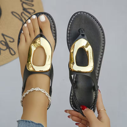 Premium Gold Buckle T-Strap Sandals - Women's Flat Sandals