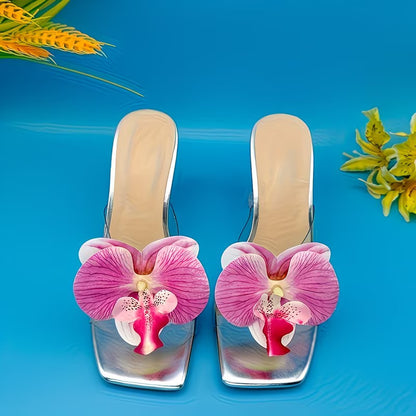 Women's Floral Orchid Transparent Block Heels | White, Pink & Sky Blue