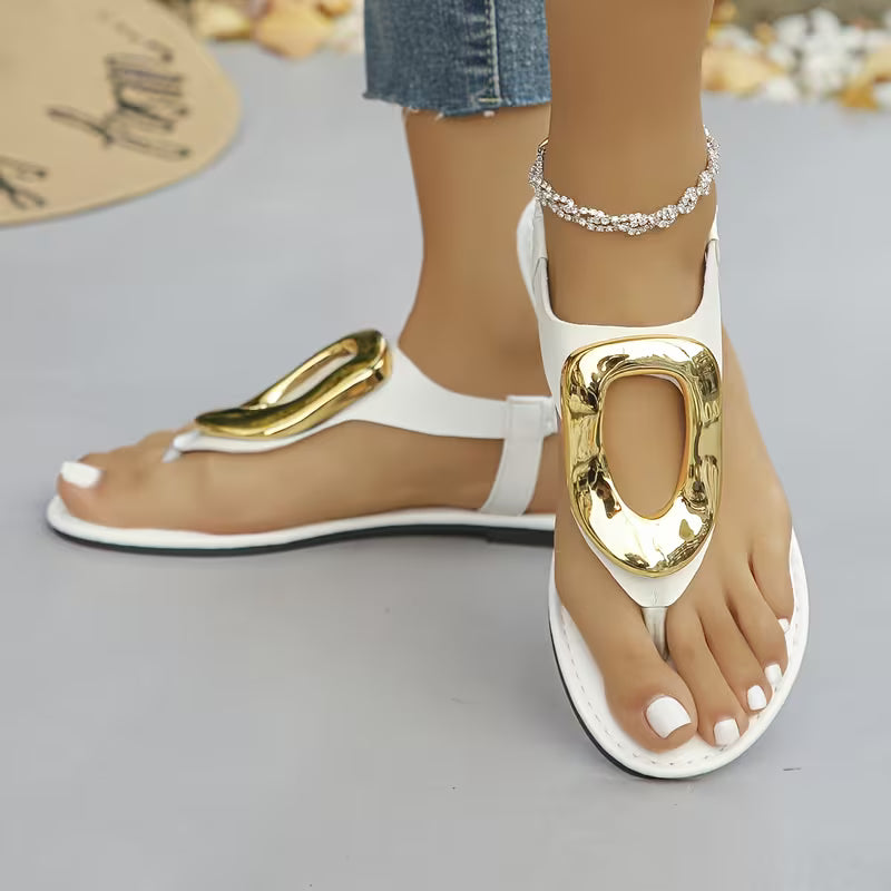 Premium Gold Buckle T-Strap Sandals - Women's Flat Sandals