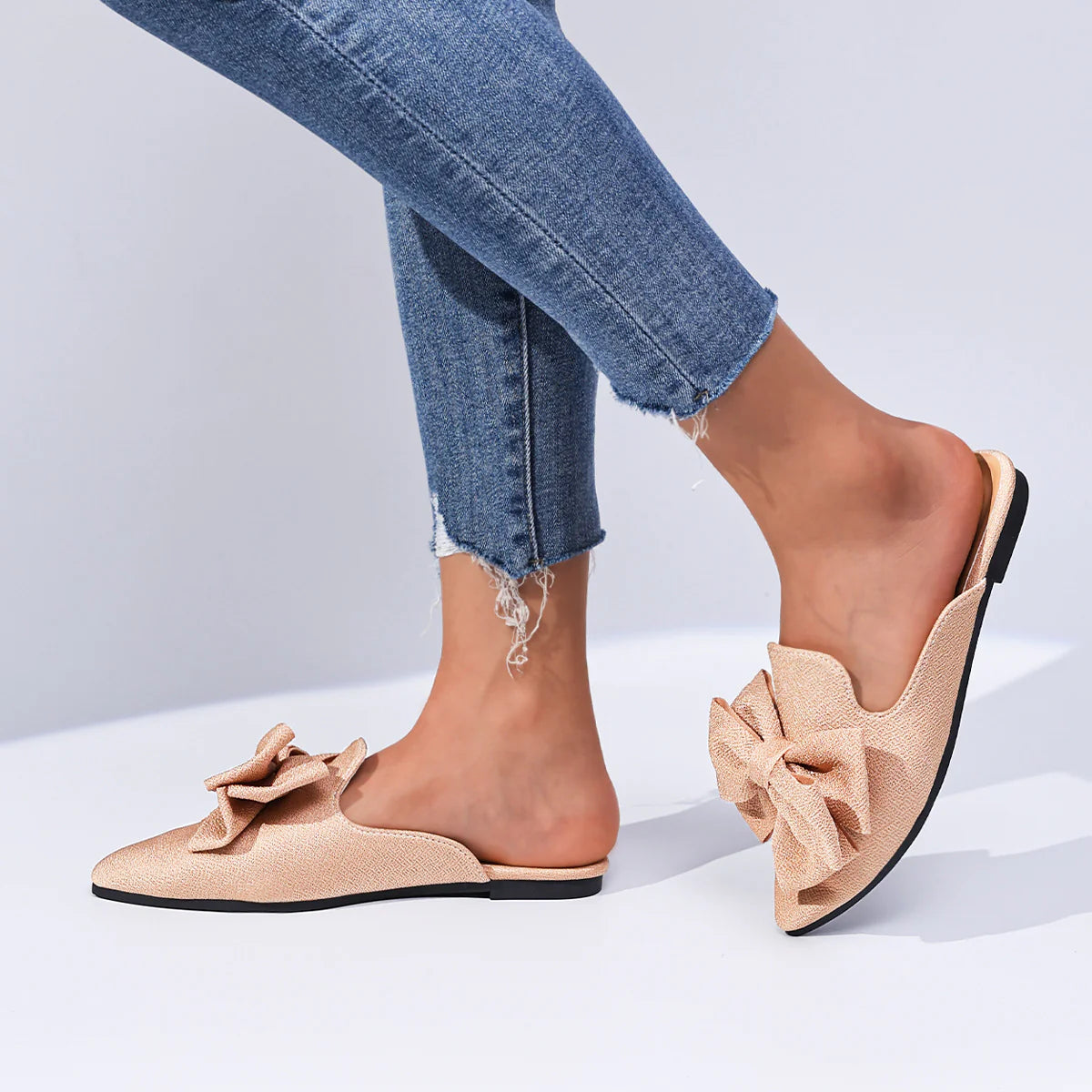 Elegant Bow Pointed Toe Mules - Non-Slip Flat Shoes | Black, Maroon, Khaki, Green