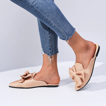 Elegant Bow Pointed Toe Mules - Non-Slip Flat Shoes | Black, Maroon, Khaki, Green