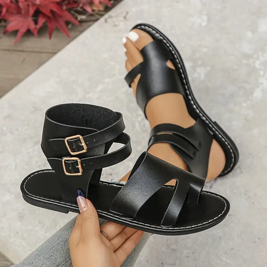 Ankle Strap Gladiator Sandals - Premium Double Buckle Flat Sandals for Women