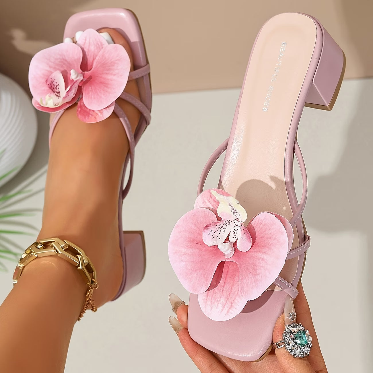 Pink Orchid Flower Block Heel Sandals